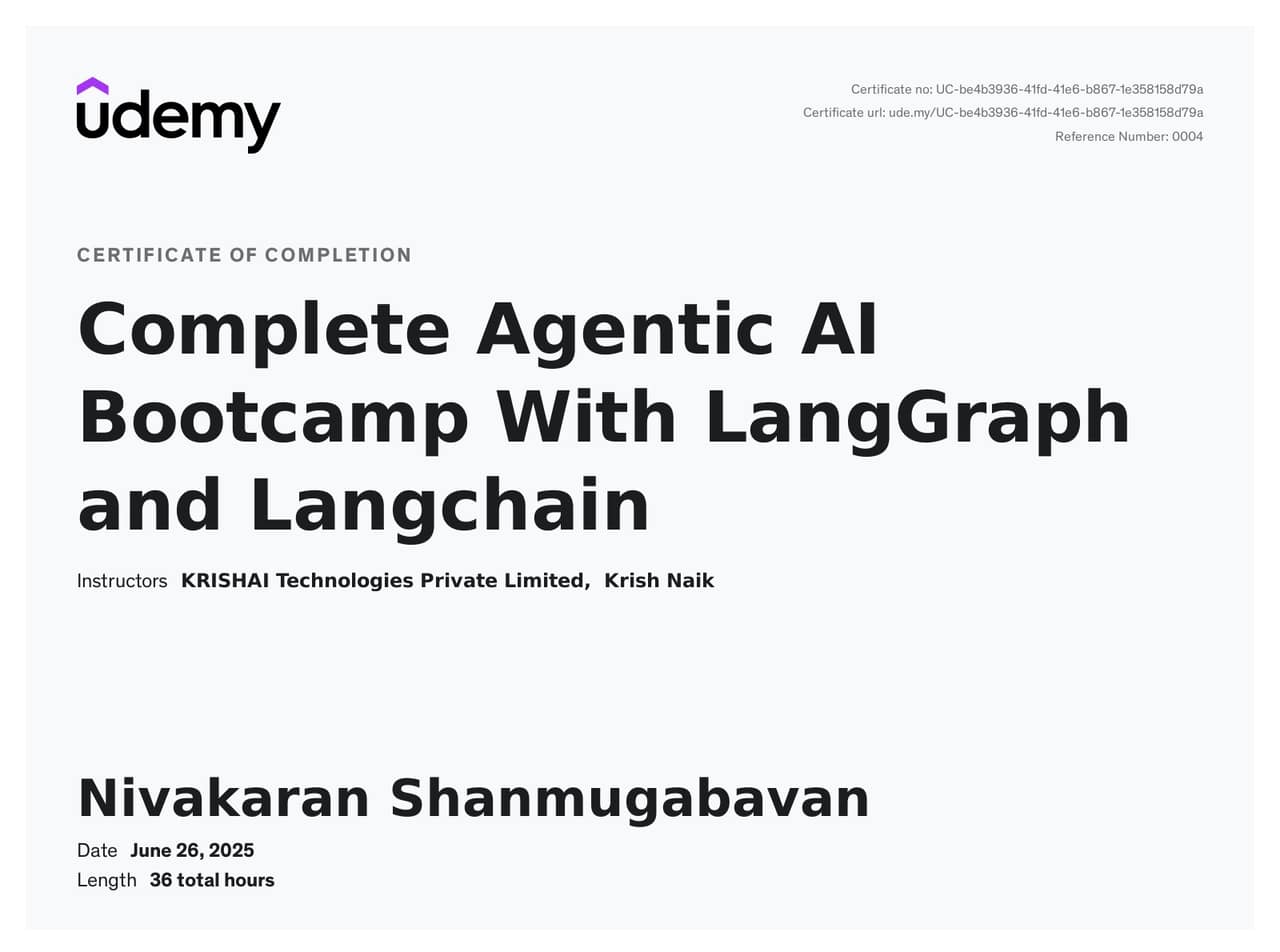 Complete Agentic AI Bootcamp with LangGraph and LangChain - Udemy certificate