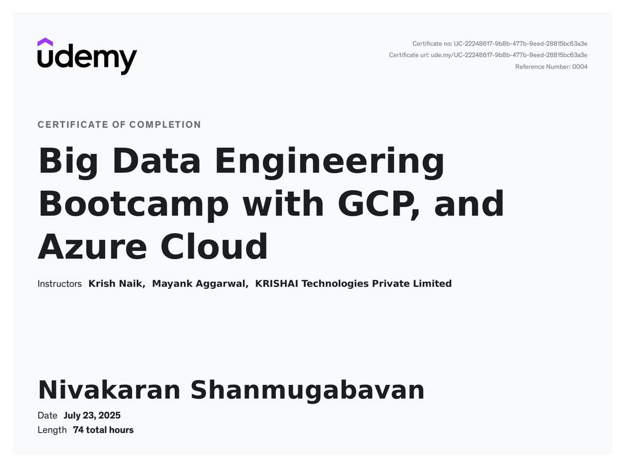 Big Data Engineering Bootcamp with GCP and Azure Cloud - Udemy certificate