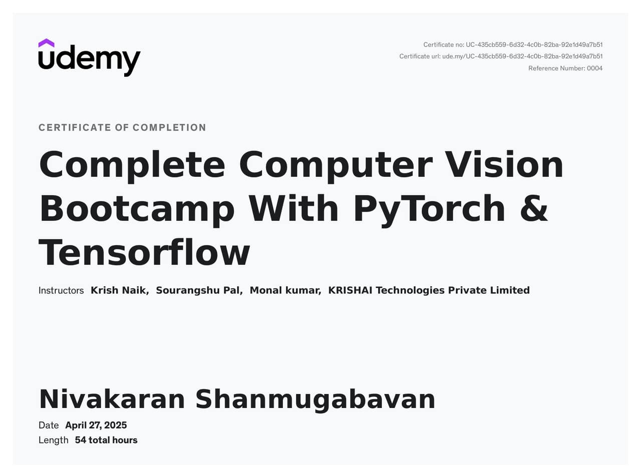 Complete Computer Vision Bootcamp with PyTorch & TensorFlow - Udemy certificate