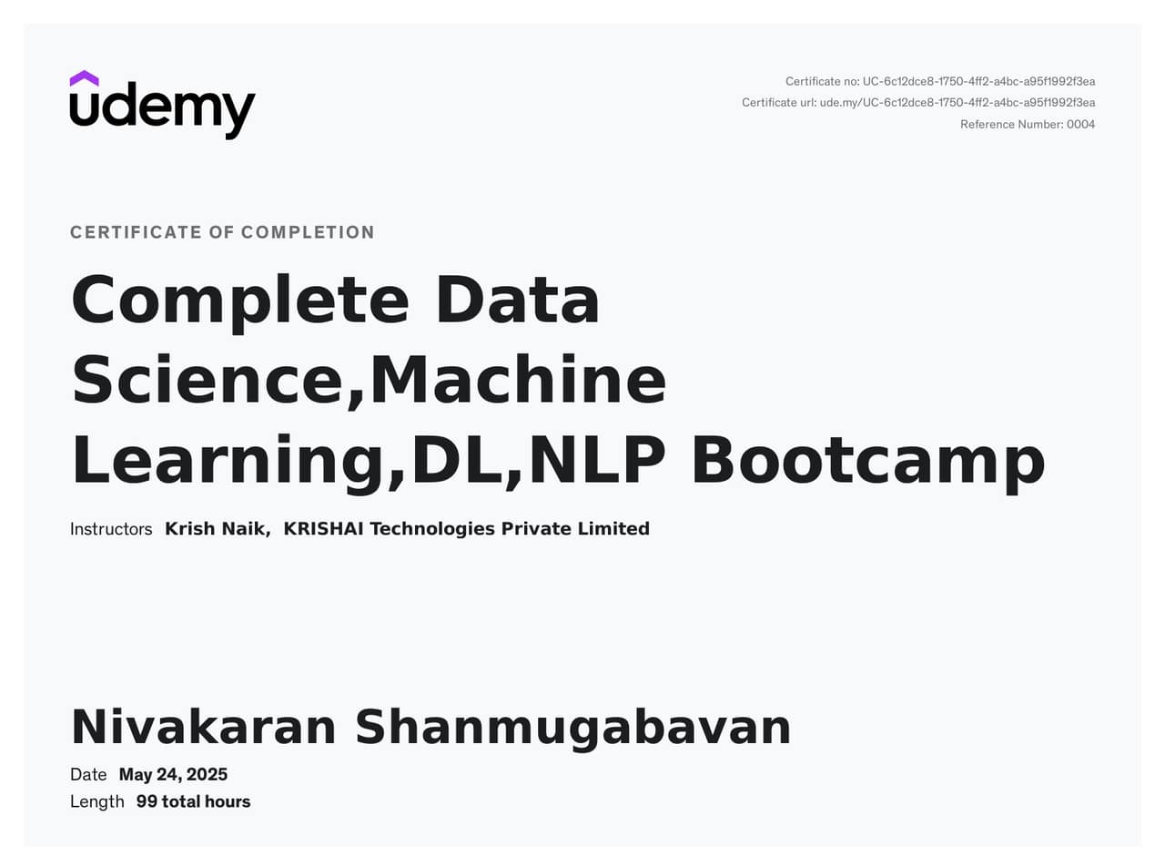 Complete Data Science, Machine Learning, DL, NLP Bootcamp - Udemy certificate