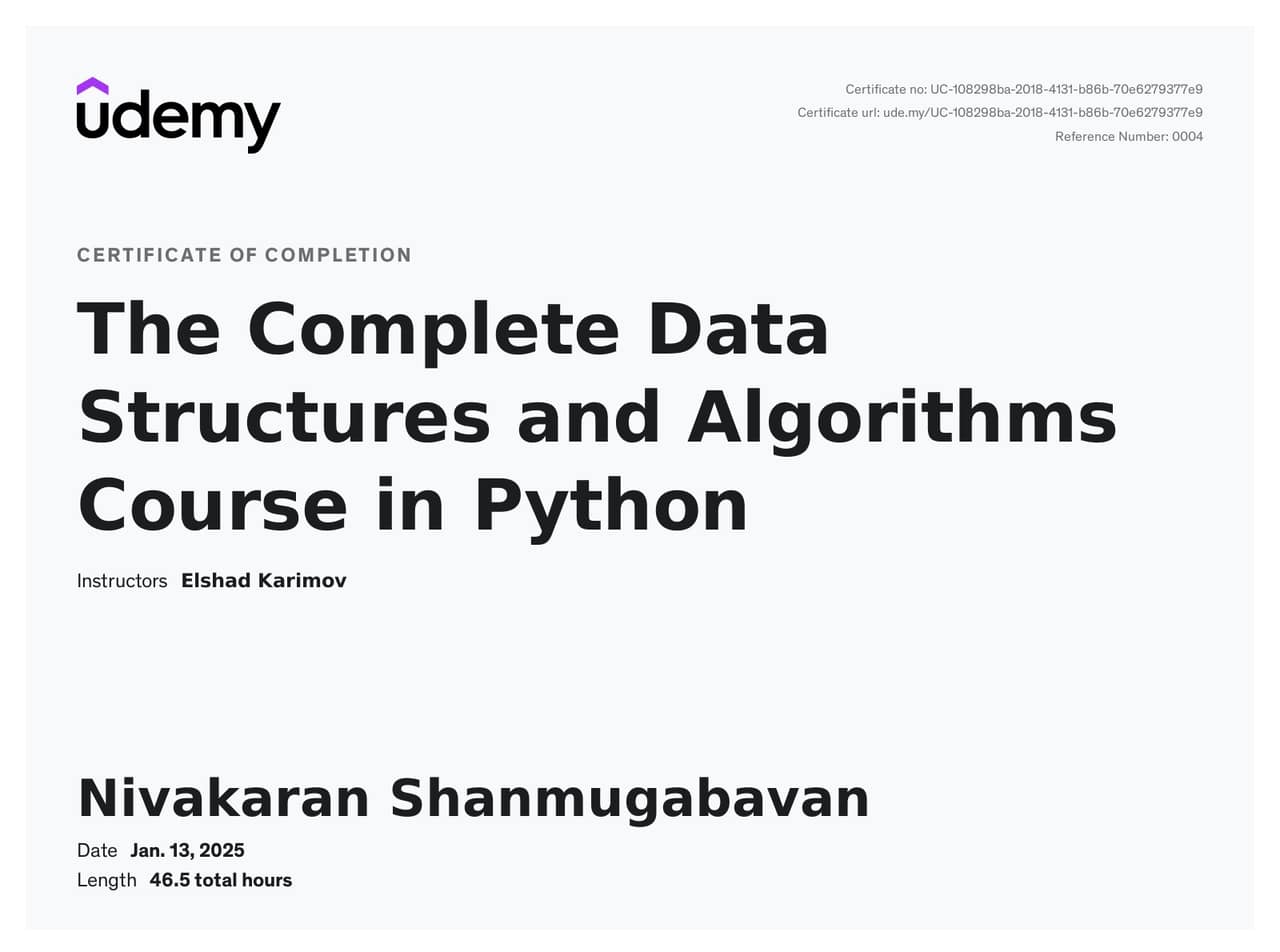 The Complete Data Structures and Algorithms Course in Python - Udemy certificate