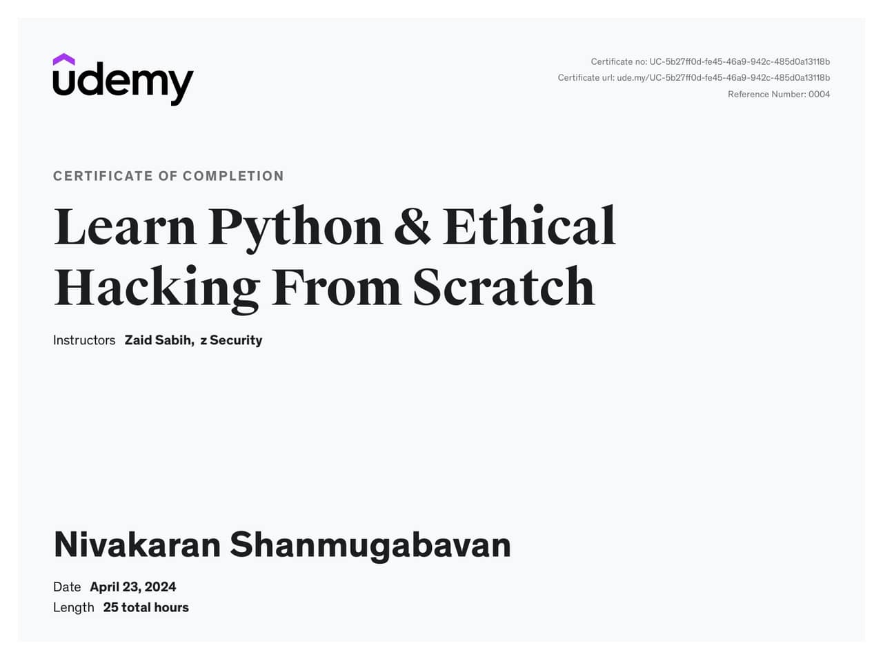 Learn Python & Ethical Hacking from Scratch - Udemy certificate