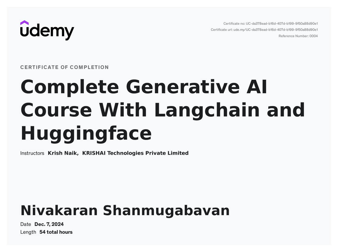 Complete Generative AI Course with LangChain and HuggingFace - Udemy certificate