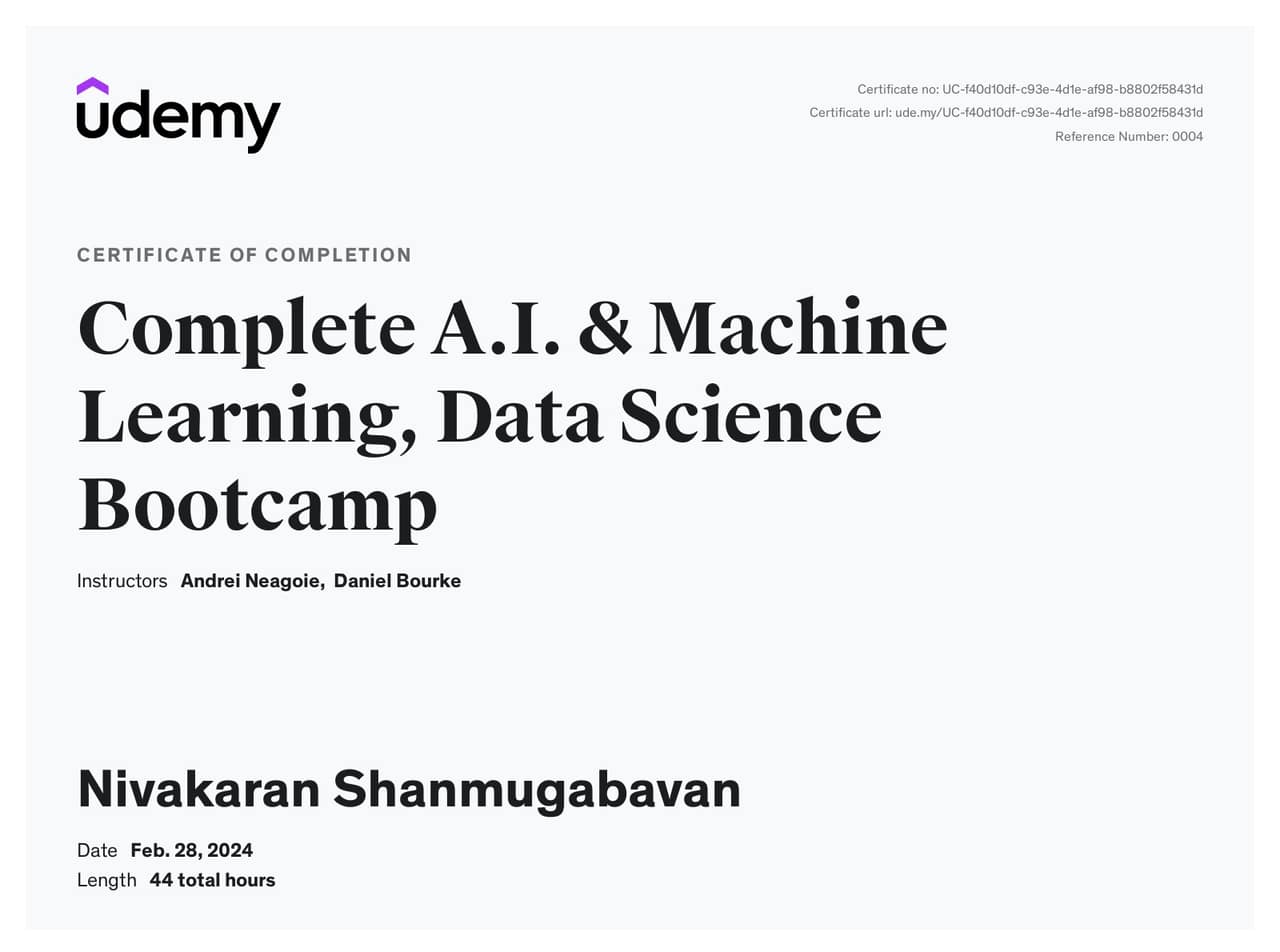Complete AI & Machine Learning, Data Science Bootcamp - Udemy certificate
