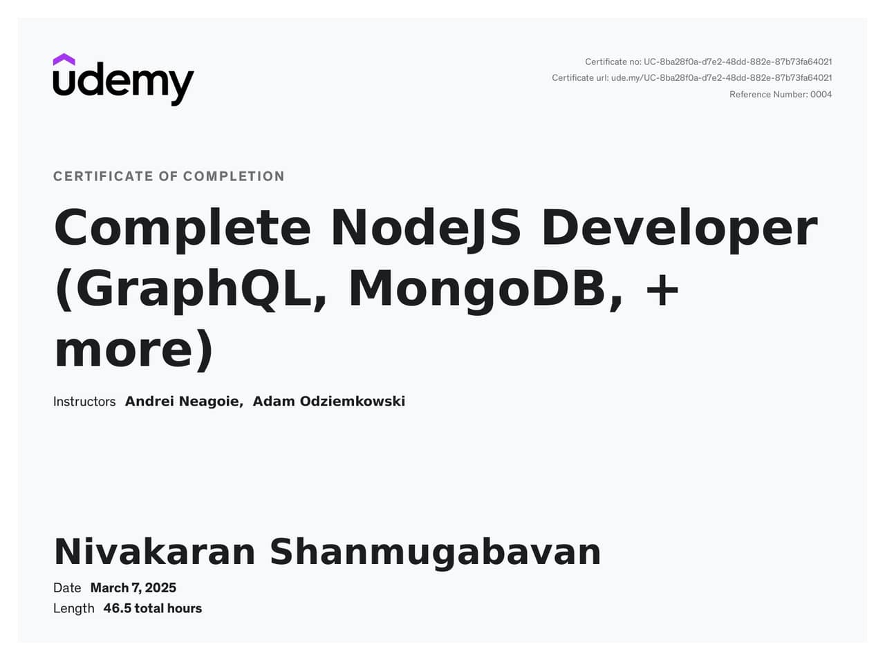 Complete NodeJS Developer (GraphQL, MongoDB & more) - Udemy certificate