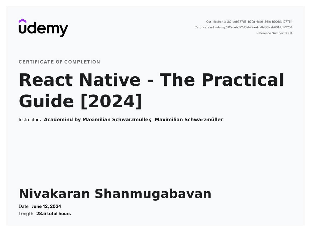 React Native - The Practical Guide [2024] - Udemy certificate
