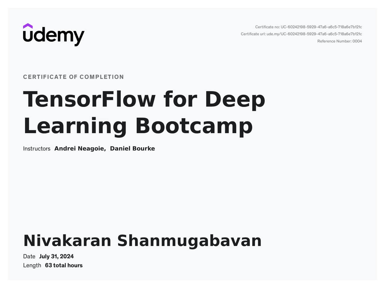 TensorFlow for Deep Learning Bootcamp - Udemy certificate