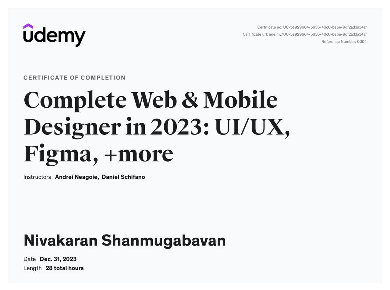 Complete Web & Mobile Designer in 2023: UI/UX with Figma - Udemy certificate