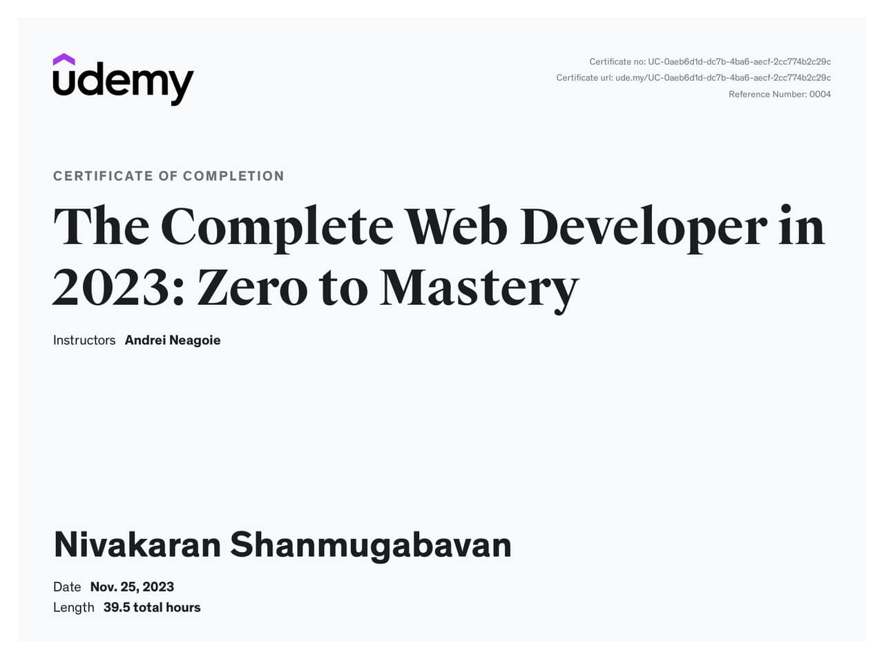 The Complete Web Developer in 2023: Zero to Mastery - Udemy certificate